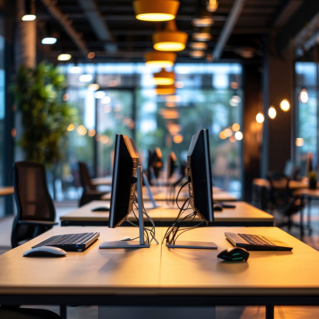 Zwei Computer-Bildschirme, Mit zwei Tastaturen und zwei Computer-Mäuse stehen in einem leerem Büro auf einem Tisch. 